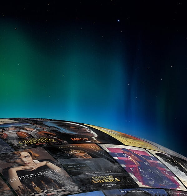 Globe covered with credit posters with stars and northern lights surrounding it